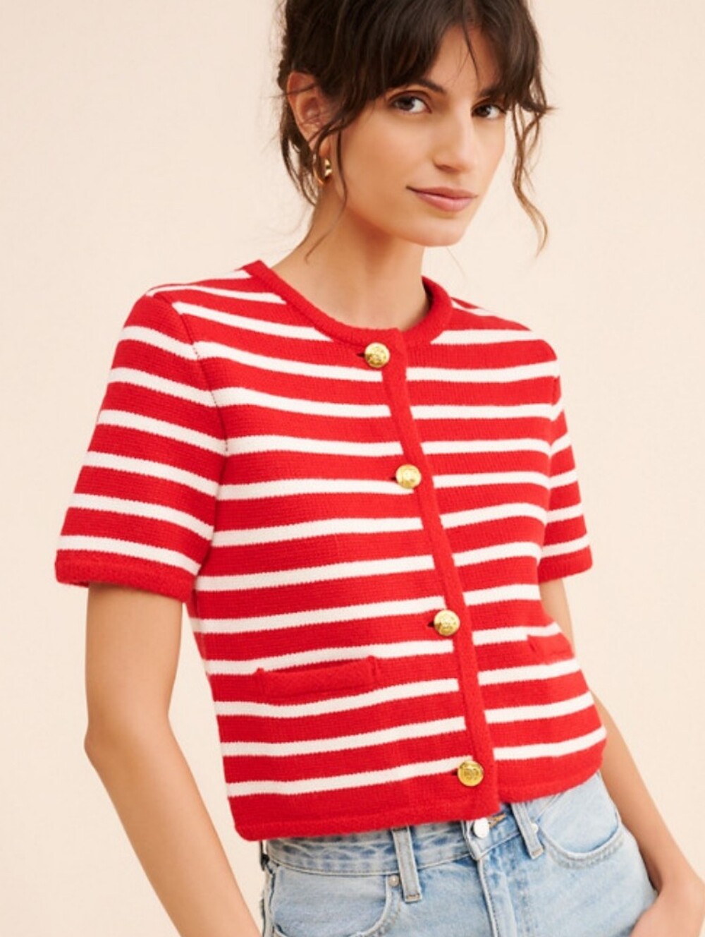 English Factory Wool Blend Short Sleeve Striped Cardigan Sweater Old Money Knit